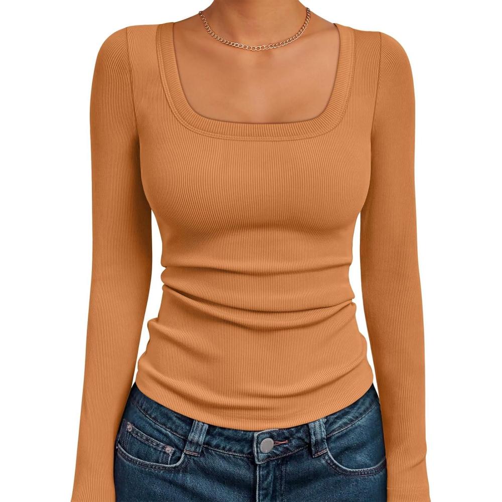 imageAUTOMET Womens Long Sleeve Shirts Square Neck Tops Ribbed Knit Basic Teen Girls Crop Tops Fall Outfits Fashion Clothes 2025Orange