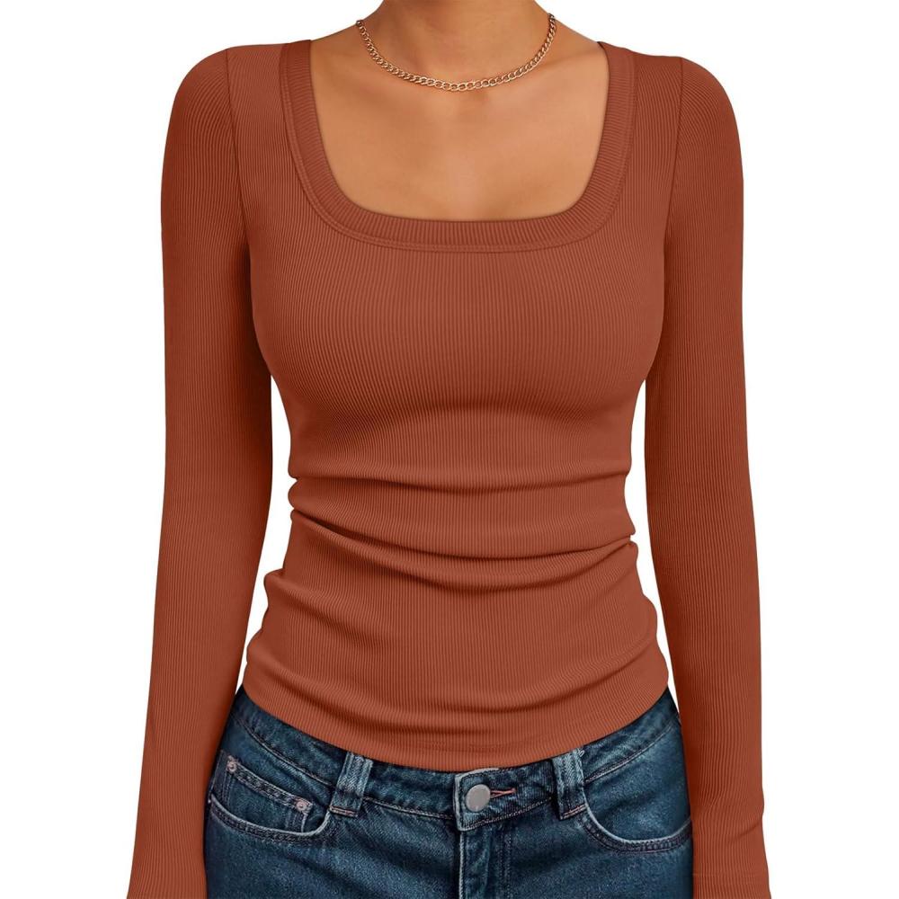 imageAUTOMET Womens Long Sleeve Shirts Square Neck Tops Ribbed Knit Basic Teen Girls Crop Tops Fall Outfits Fashion Clothes 2025Rust