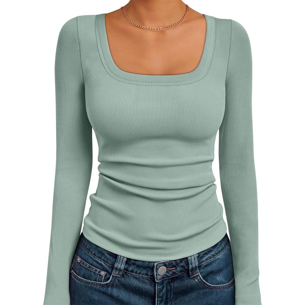 imageAUTOMET Womens Long Sleeve Shirts Square Neck Tops Ribbed Knit Basic Teen Girls Crop Tops Fall Outfits Fashion Clothes 2025Sagegreen