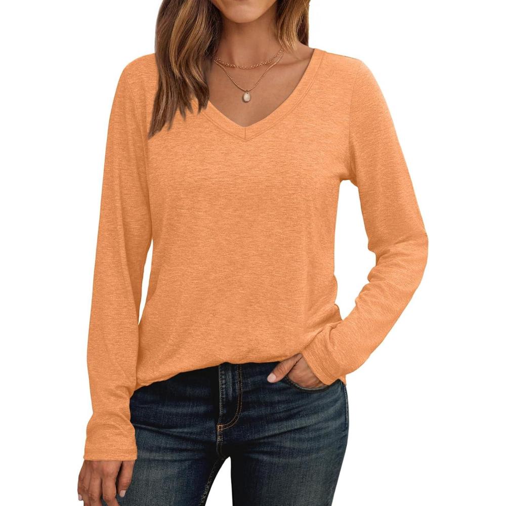 imageAUTOMET Womens Long Sleeve Shirts V Neck Casual Tops Loose Dressy Basic Fall Fashion Trendy Outfits Winter ClothesOrange