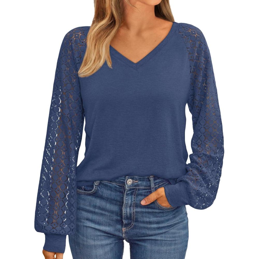 imageAUTOMET Womens Long Sleeve Shirts VNeck Lace Tops Business Casual Blouses Tee Trendy 2025 Fall Fashion Outfits ClothesBlue
