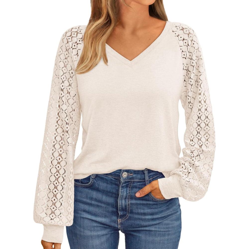imageAUTOMET Womens Long Sleeve Shirts VNeck Lace Tops Business Casual Blouses Tee Trendy 2025 Fall Fashion Outfits ClothesCream