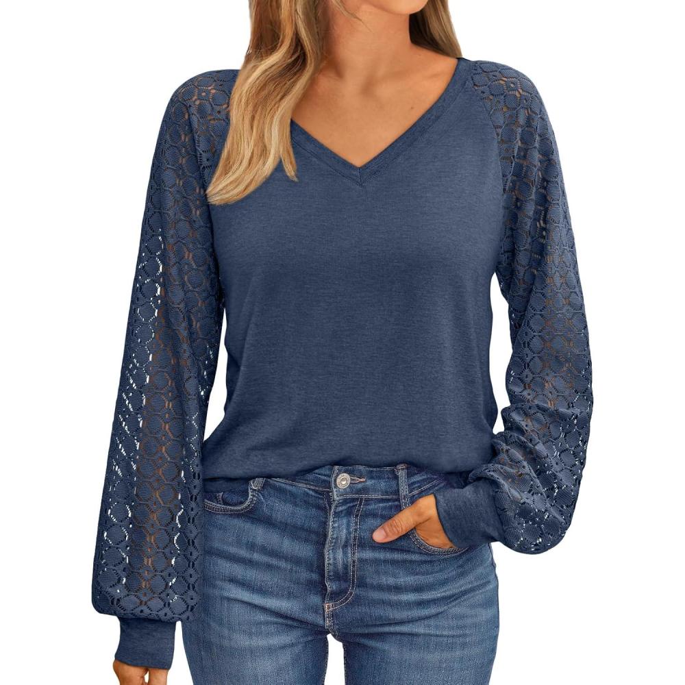 imageAUTOMET Womens Long Sleeve Shirts VNeck Lace Tops Business Casual Blouses Tee Trendy 2025 Fall Fashion Outfits ClothesDarkblue