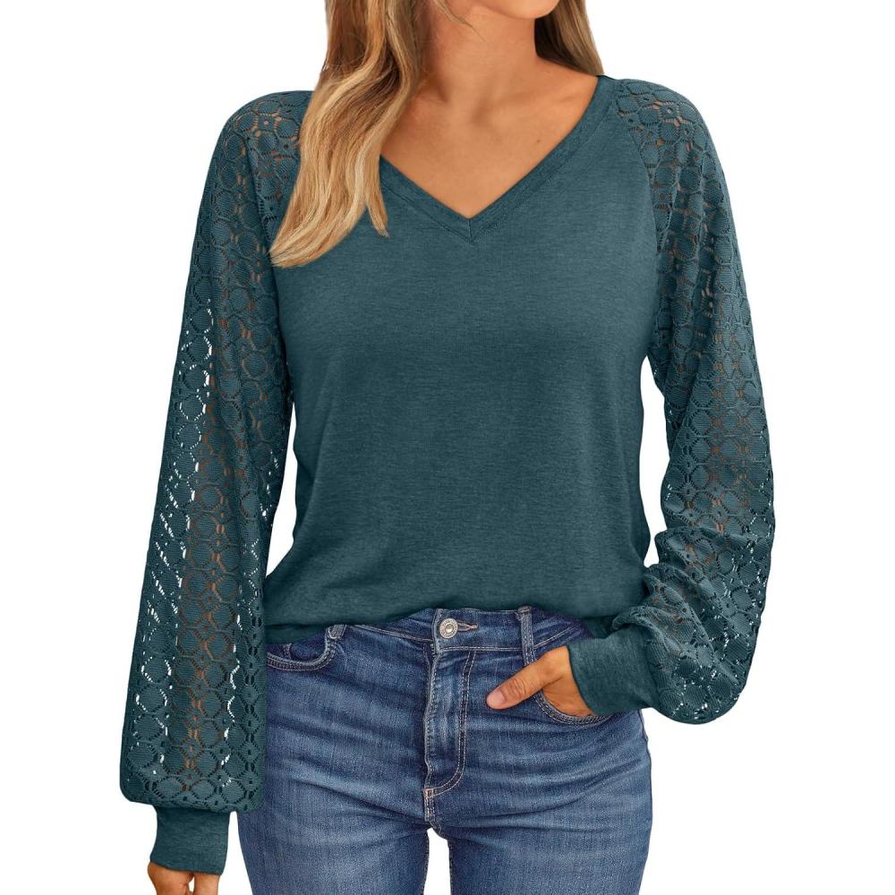 imageAUTOMET Womens Long Sleeve Shirts VNeck Lace Tops Business Casual Blouses Tee Trendy 2025 Fall Fashion Outfits ClothesDarkgreen