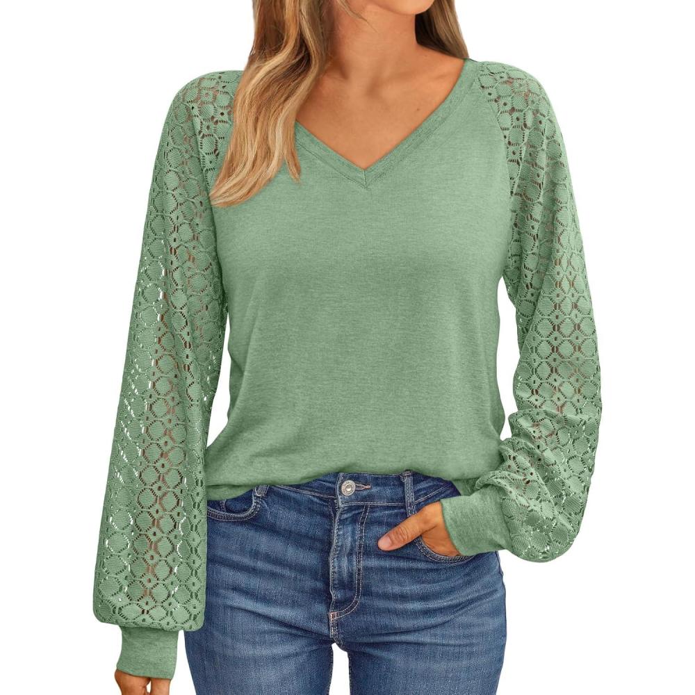 imageAUTOMET Womens Long Sleeve Shirts VNeck Lace Tops Business Casual Blouses Tee Trendy 2025 Fall Fashion Outfits ClothesGreen