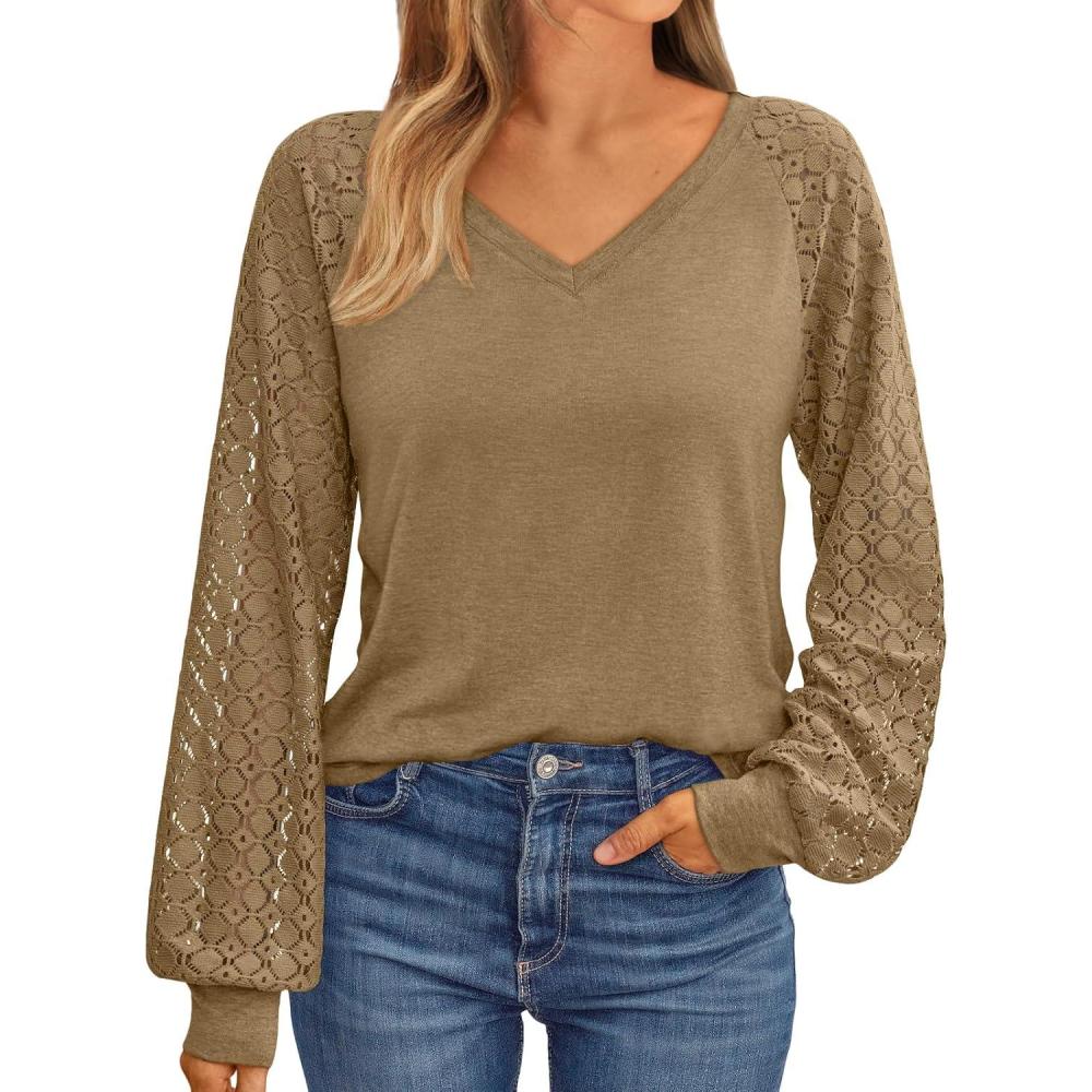 imageAUTOMET Womens Long Sleeve Shirts VNeck Lace Tops Business Casual Blouses Tee Trendy 2025 Fall Fashion Outfits ClothesKhaki