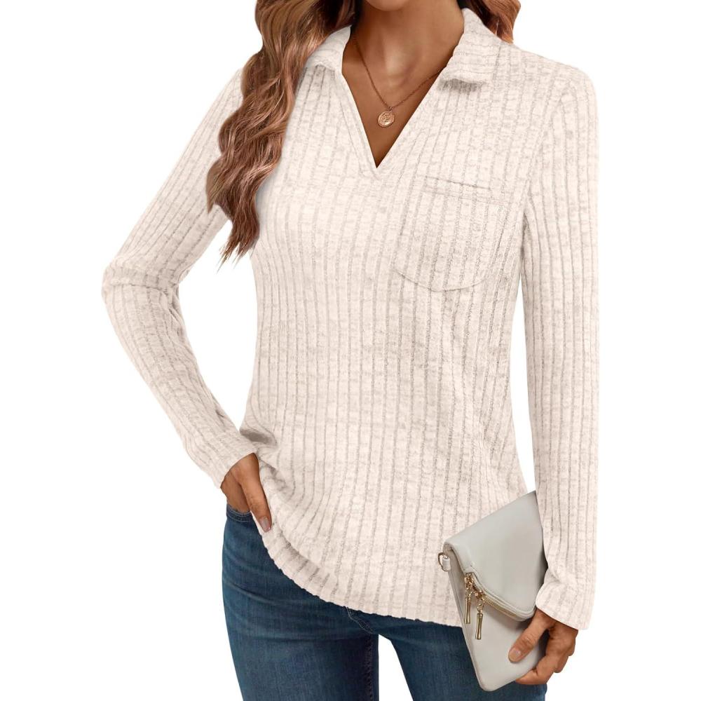 imageAUTOMET Womens Long Sleeve Tops Casual Collared Polo Shirts V Neck Tunic Sweaters Fall Fashion Dressy Winter Clothes 2025Apricot