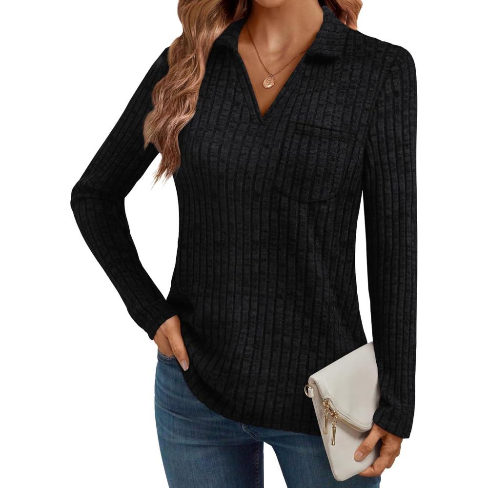 imageAUTOMET Womens Long Sleeve Tops Casual Collared Polo Shirts V Neck Tunic Sweaters Fall Fashion Dressy Winter Clothes 2025Black
