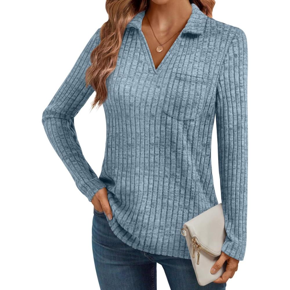 imageAUTOMET Womens Long Sleeve Tops Casual Collared Polo Shirts V Neck Tunic Sweaters Fall Fashion Dressy Winter Clothes 2025Blue