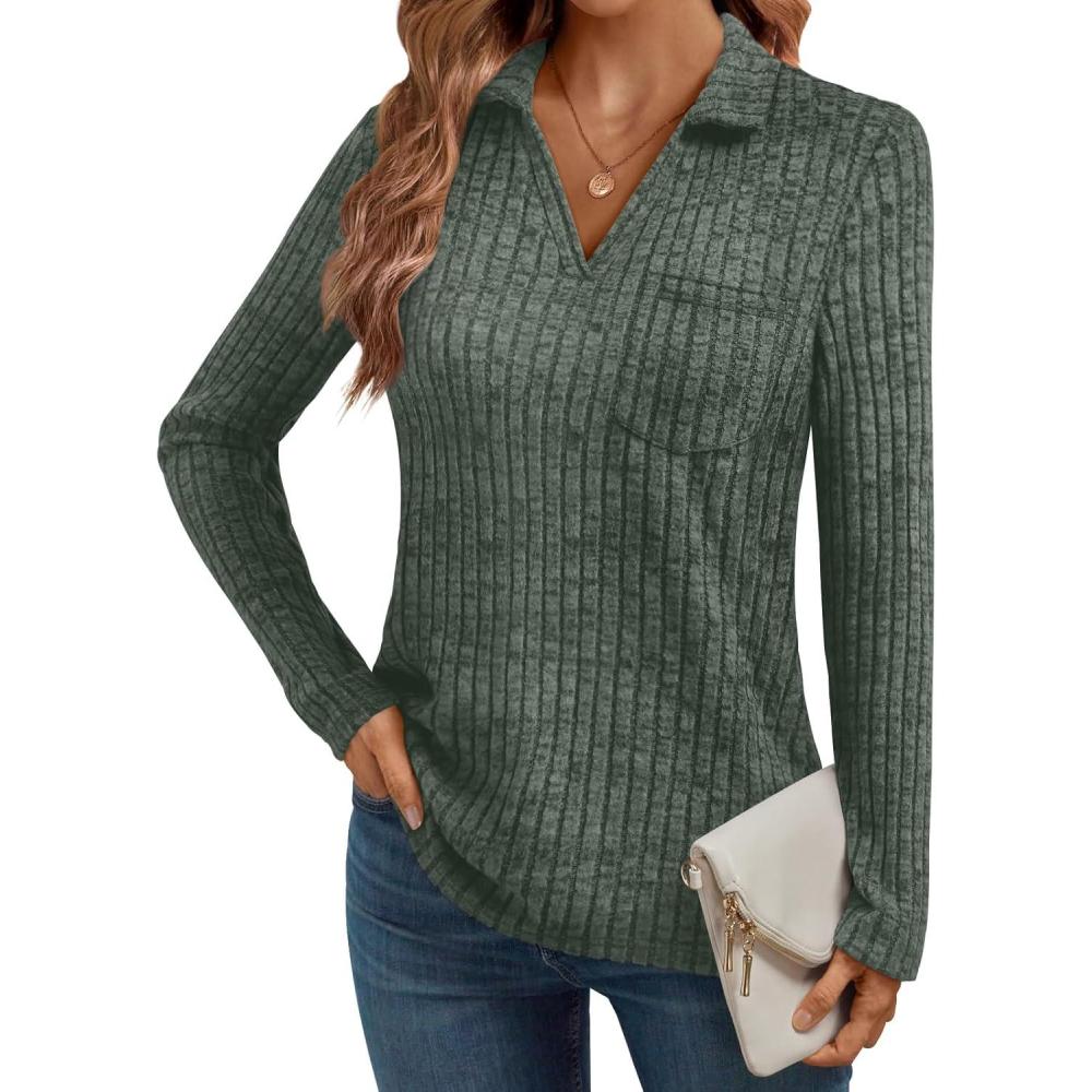 imageAUTOMET Womens Long Sleeve Tops Casual Collared Polo Shirts V Neck Tunic Sweaters Fall Fashion Dressy Winter Clothes 2025Green