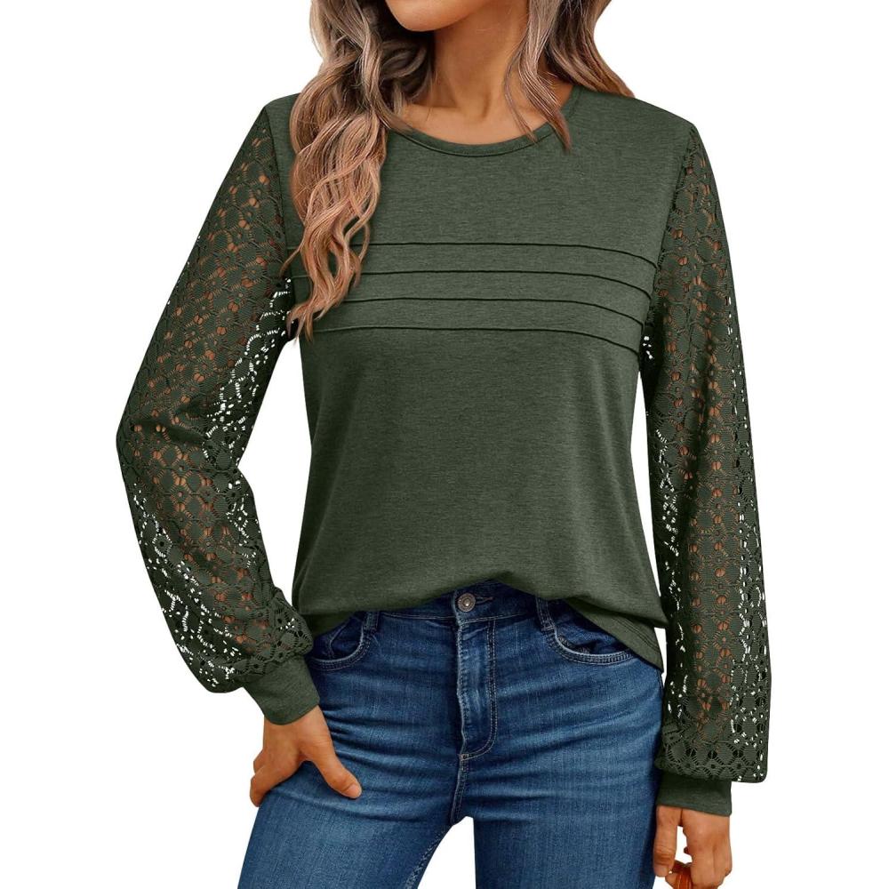 imageAUTOMET Womens Long Sleeve Tops Dressy Casual Shirts 2025 Fall Outfits Lace Business Blouses Cute TShirts Work ClothesArmy Green