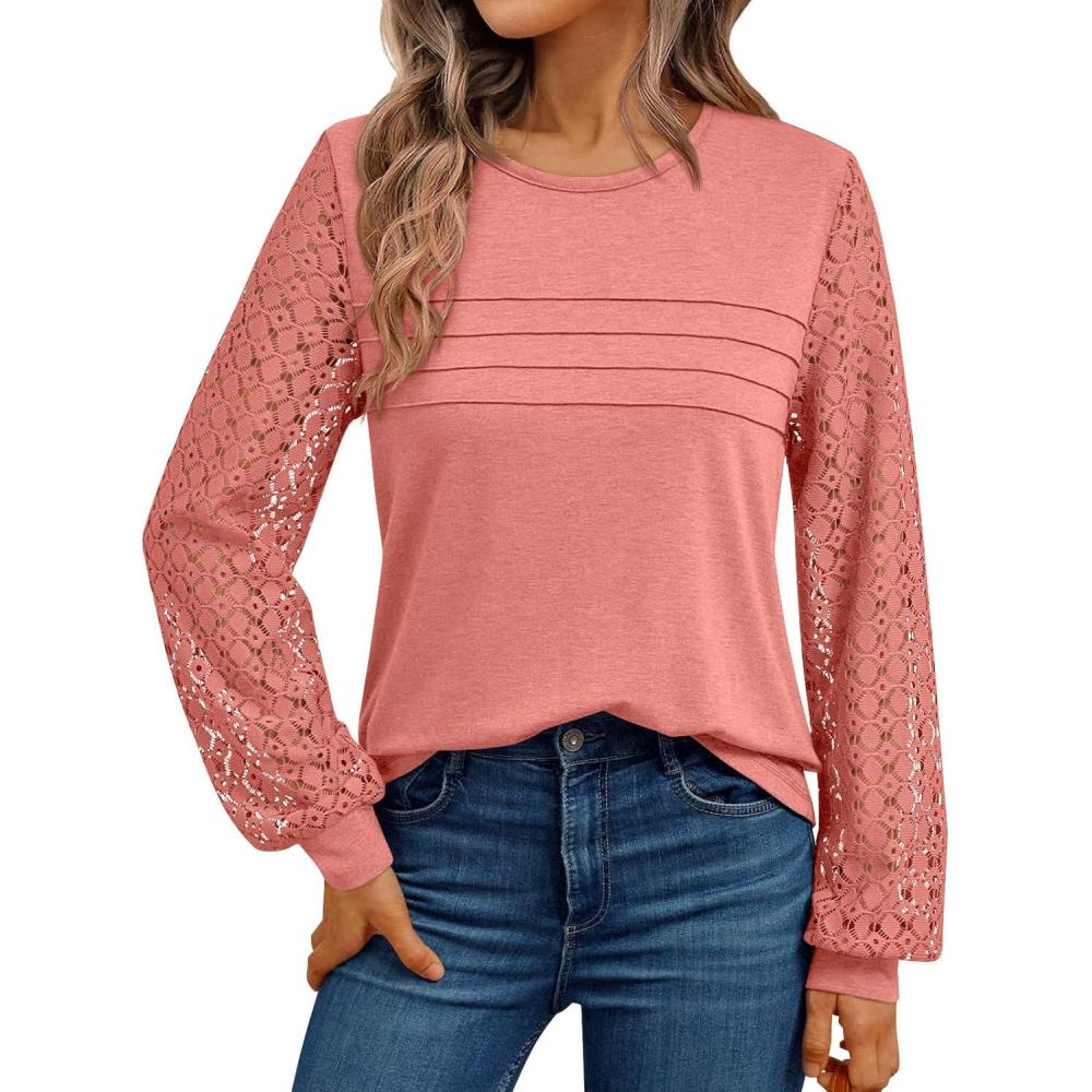 imageAUTOMET Womens Long Sleeve Tops Dressy Casual Shirts 2025 Fall Outfits Lace Business Blouses Cute TShirts Work ClothesCoral