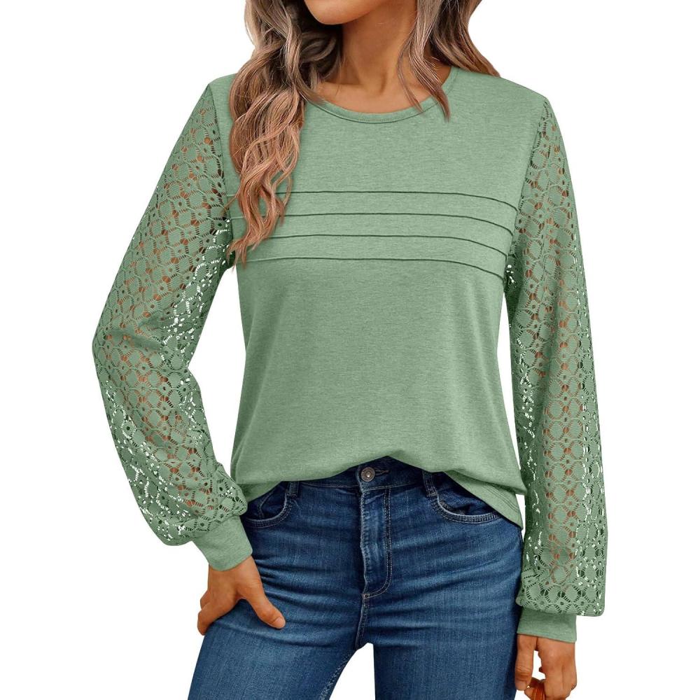 imageAUTOMET Womens Long Sleeve Tops Dressy Casual Shirts 2025 Fall Outfits Lace Business Blouses Cute TShirts Work ClothesLight Green