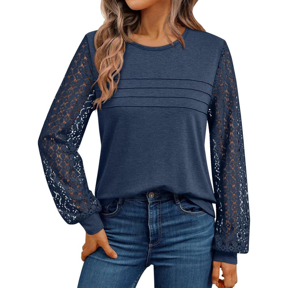 imageAUTOMET Womens Long Sleeve Tops Dressy Casual Shirts 2025 Fall Outfits Lace Business Blouses Cute TShirts Work ClothesNavy