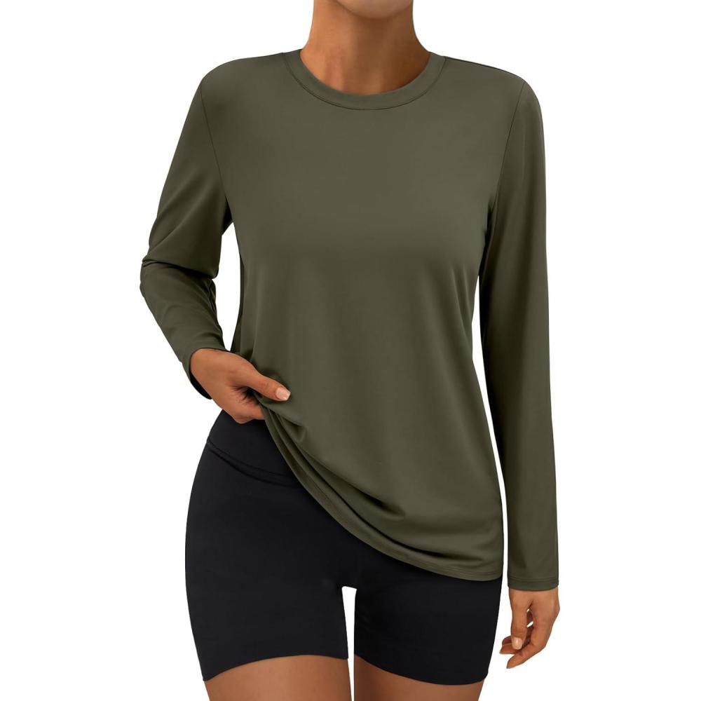 imageAUTOMET Womens Long Sleeve Workout Tops 2025 Fall Sports Sun Shirts Swim Hiking Gym Tshirts UPF 50 Rash Guard UV ClothesArmygreen