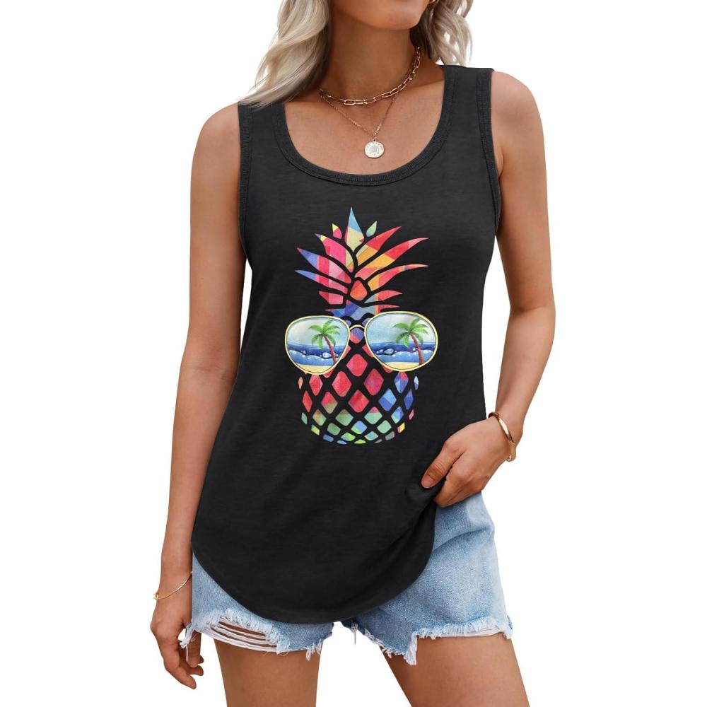 imageAUTOMET Womens Loose Fit Casual Flowy Tank Tops Square Neck Trendy Sleeveless Summer Tops Clothes Outfits 2025Ananasblack