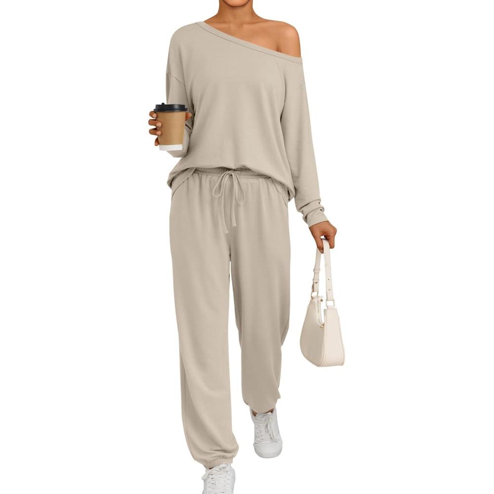 imageAUTOMET Womens Lounge Sets 2 Piece Matching Pajamas Travel Airport Fall Outfits Cute Pjs Off Shoulder Tops LoungewearBeige