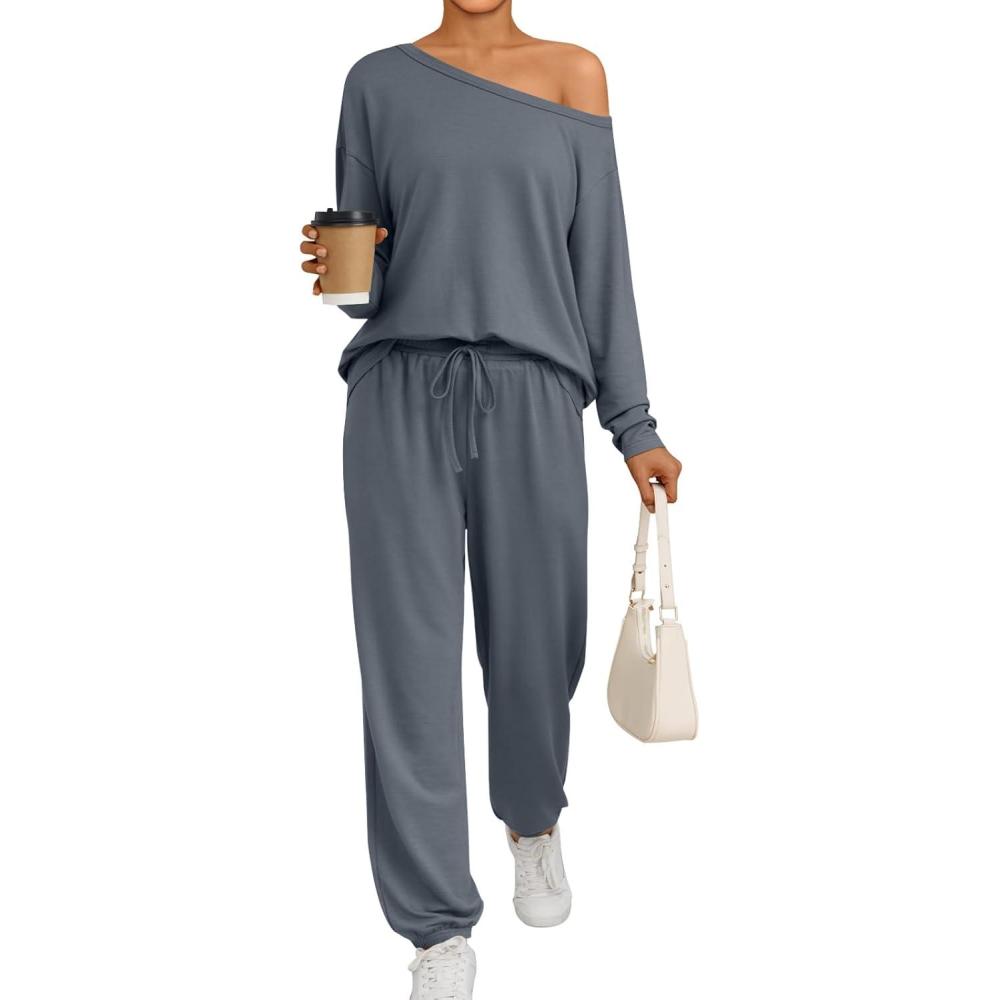 imageAUTOMET Womens Lounge Sets 2 Piece Matching Pajamas Travel Airport Fall Outfits Cute Pjs Off Shoulder Tops LoungewearGrey