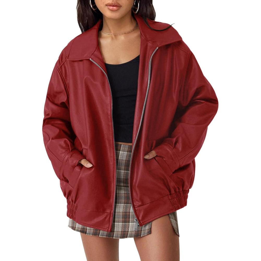 imageAUTOMET Womens Oversized Leather Jackets Faux Suede Fall Fashion Motorcycle Coats Winter Outfits Clothes Y2k TopsRed