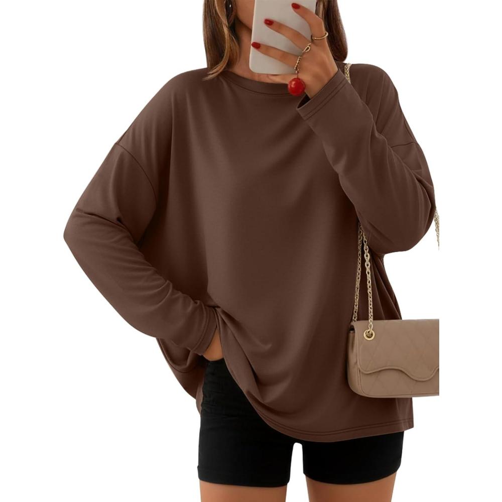 imageAUTOMET Womens Oversized Long Sleeve Shirts Fall Trendy Tops Fashion Gym Baggy Basic Casual Loose Fit Workout Y2k ClothesChocolatebrown