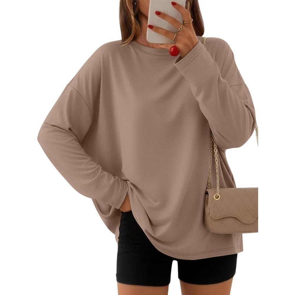 imageAUTOMET Womens Oversized Long Sleeve Shirts Fall Trendy Tops Fashion Gym Baggy Basic Casual Loose Fit Workout Y2k ClothesKhaki