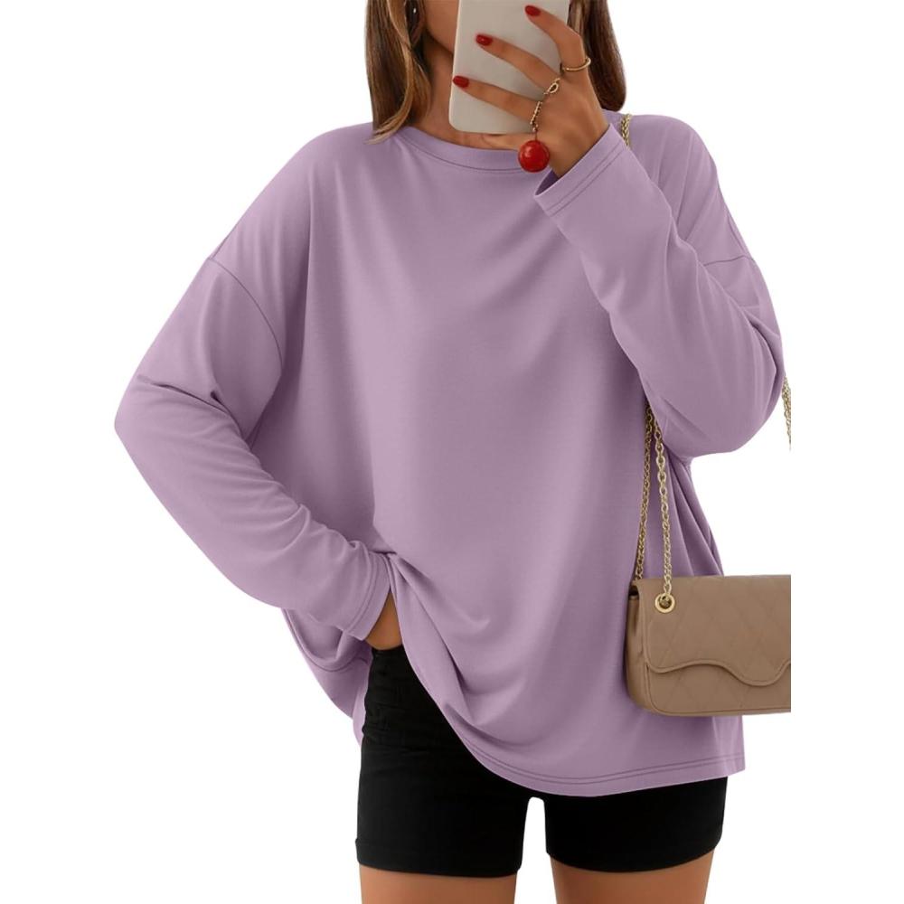imageAUTOMET Womens Oversized Long Sleeve Shirts Fall Trendy Tops Fashion Gym Baggy Basic Casual Loose Fit Workout Y2k ClothesPinkpurple