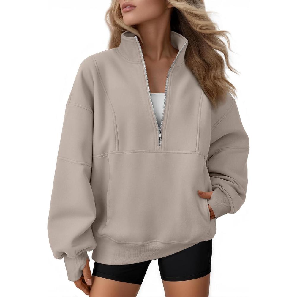 imageAUTOMET Womens Quarter Zip Oversized Sweatshirts Teen Fleece Pullover Hoodies 2025 Mock Neck Sweater Fall Workout JacketBeige