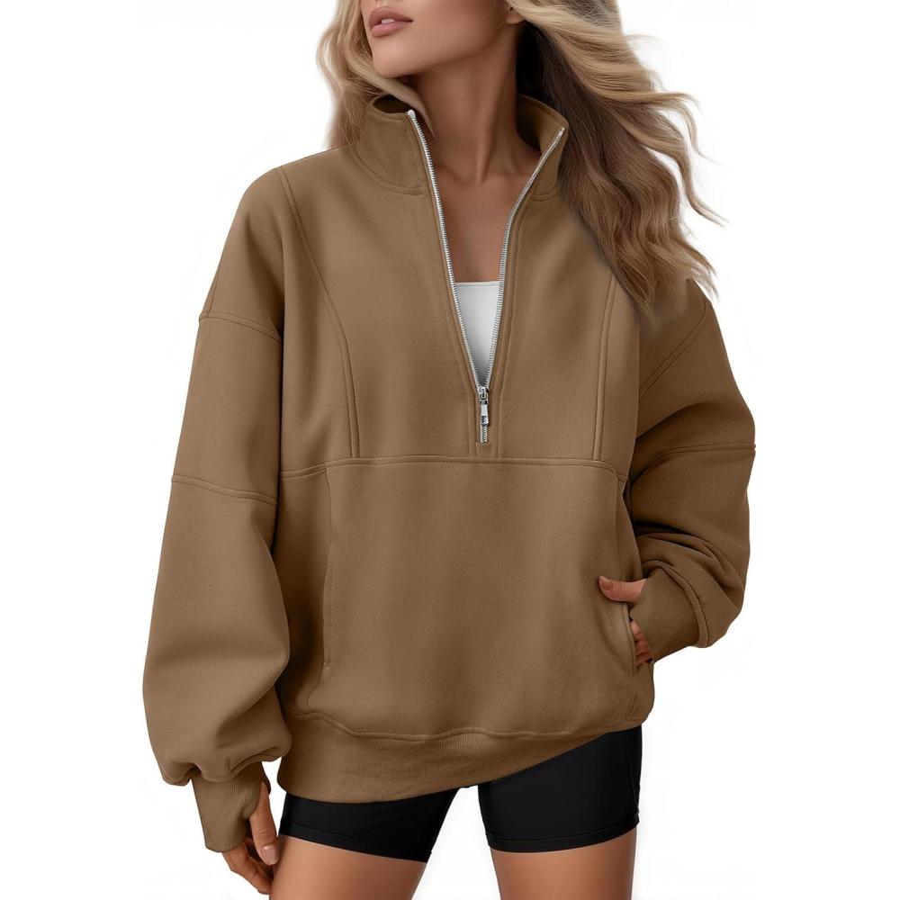 imageAUTOMET Womens Quarter Zip Oversized Sweatshirts Teen Fleece Pullover Hoodies 2025 Mock Neck Sweater Fall Workout JacketCoffee