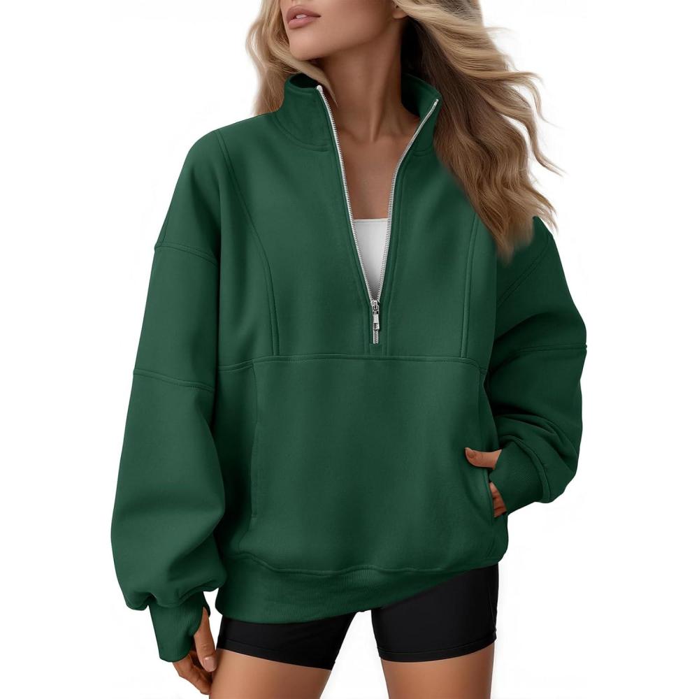 imageAUTOMET Womens Quarter Zip Oversized Sweatshirts Teen Fleece Pullover Hoodies 2025 Mock Neck Sweater Fall Workout JacketGreen