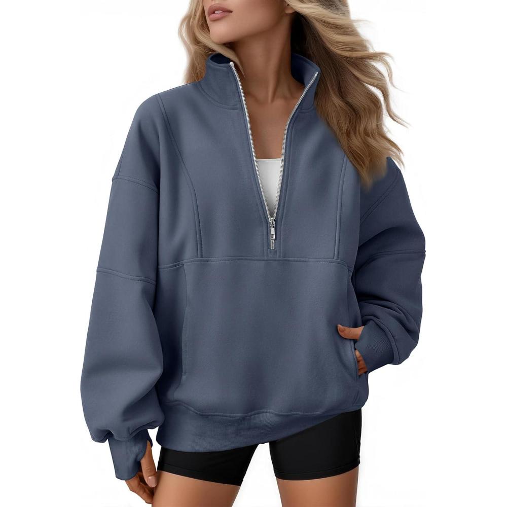 imageAUTOMET Womens Quarter Zip Oversized Sweatshirts Teen Fleece Pullover Hoodies 2025 Mock Neck Sweater Fall Workout JacketGreyblue
