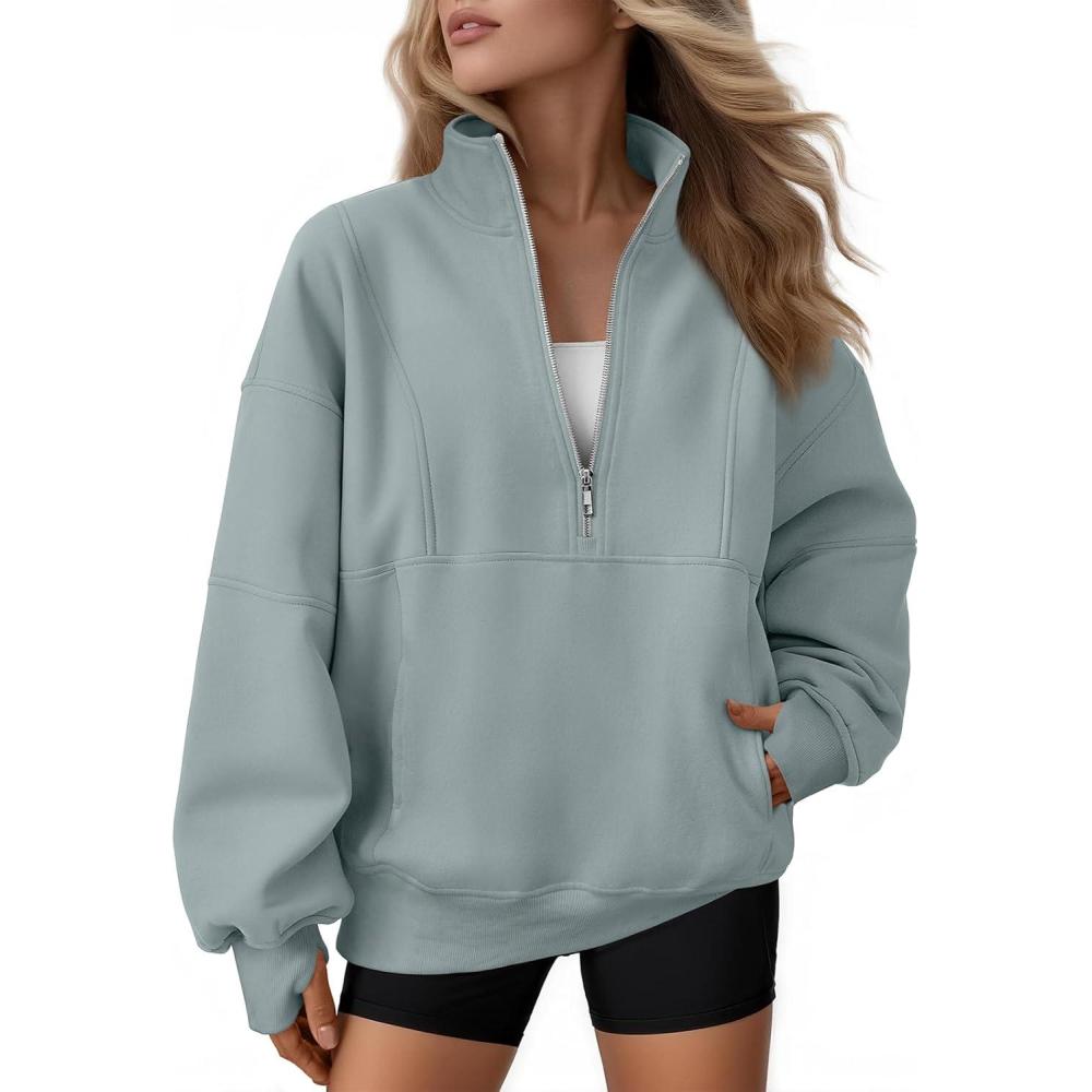 imageAUTOMET Womens Quarter Zip Oversized Sweatshirts Teen Fleece Pullover Hoodies 2025 Mock Neck Sweater Fall Workout JacketGreygreen
