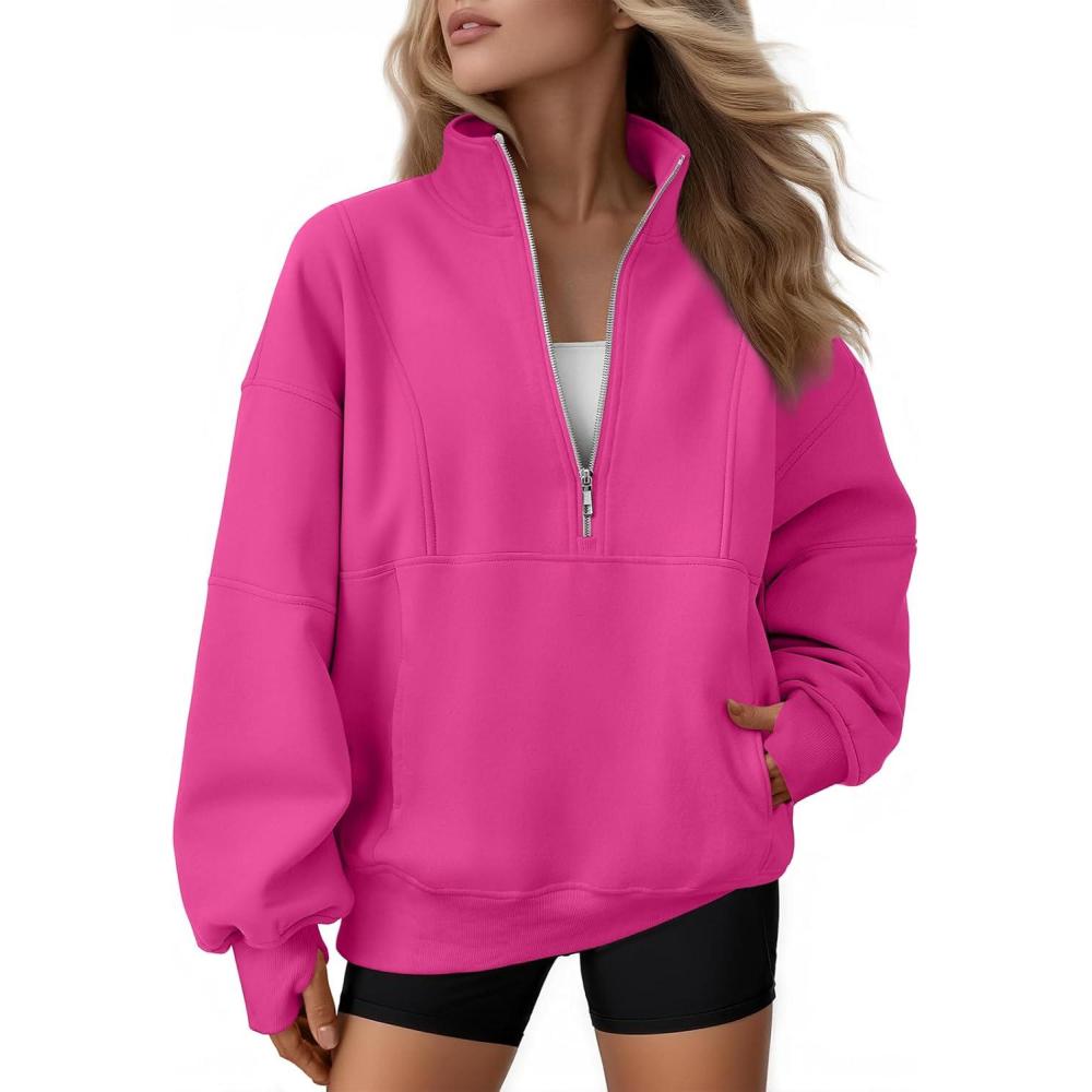 imageAUTOMET Womens Quarter Zip Oversized Sweatshirts Teen Fleece Pullover Hoodies 2025 Mock Neck Sweater Fall Workout JacketHotpink
