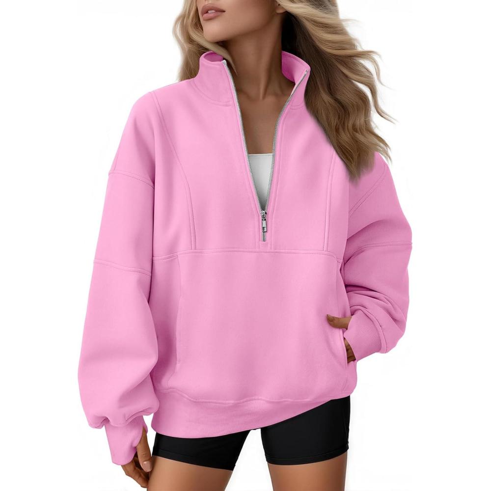 imageAUTOMET Womens Quarter Zip Oversized Sweatshirts Teen Fleece Pullover Hoodies 2025 Mock Neck Sweater Fall Workout JacketPink