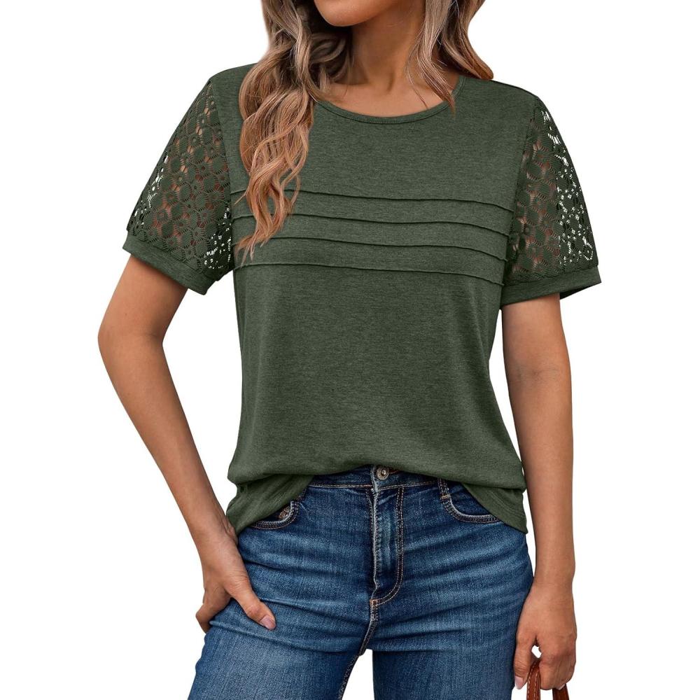 imageAUTOMET Womens Short Sleeve Shirts Dressy Lace Summer Tops 2025 Spring Trendy Casual TShirts Cute Work Outfits BlousesArmy Green