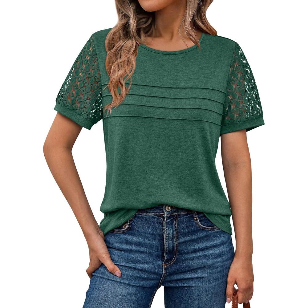 imageAUTOMET Womens Short Sleeve Shirts Dressy Lace Summer Tops 2025 Spring Trendy Casual TShirts Cute Work Outfits BlousesGreen