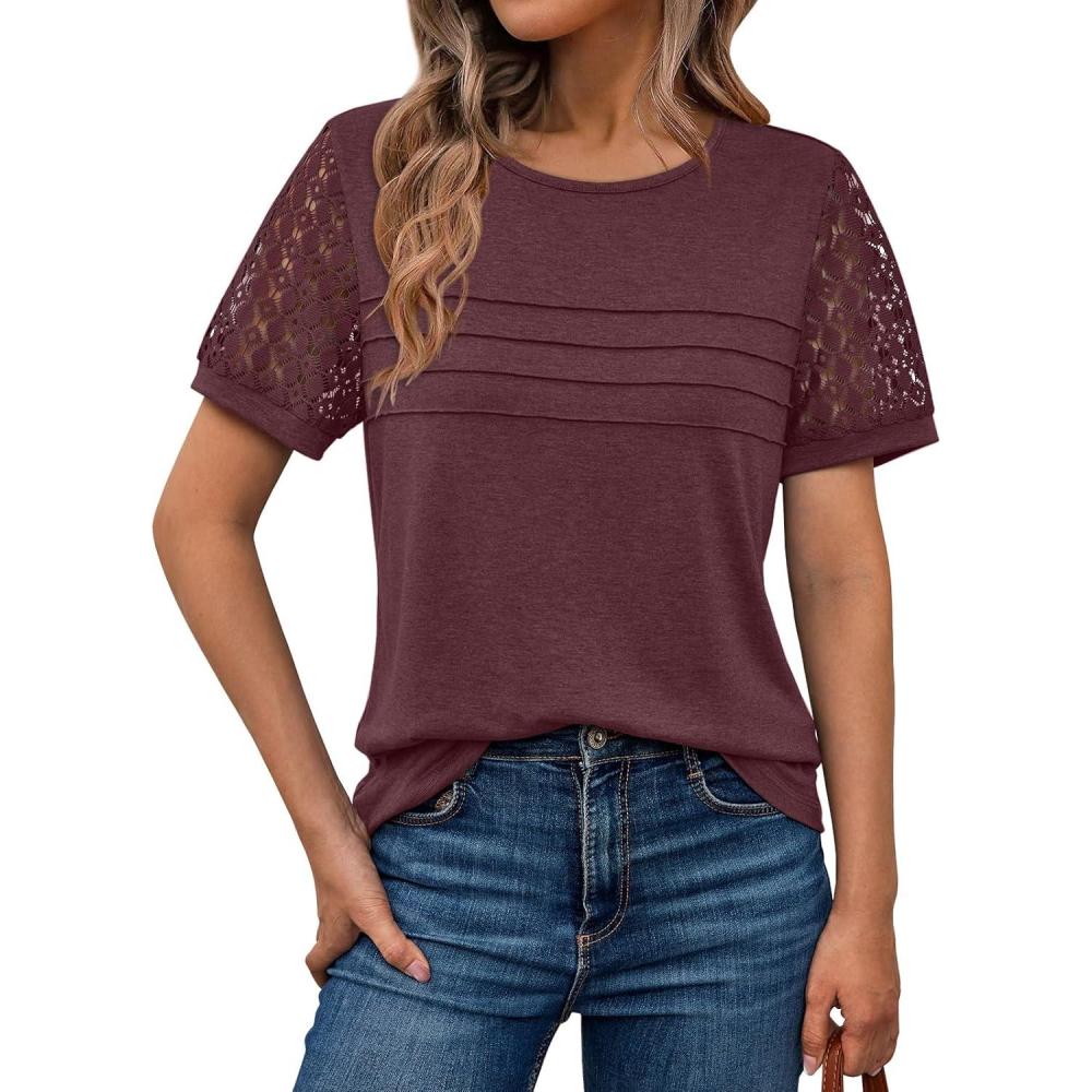 imageAUTOMET Womens Short Sleeve Shirts Dressy Lace Summer Tops 2025 Spring Trendy Casual TShirts Cute Work Outfits BlousesWine Red