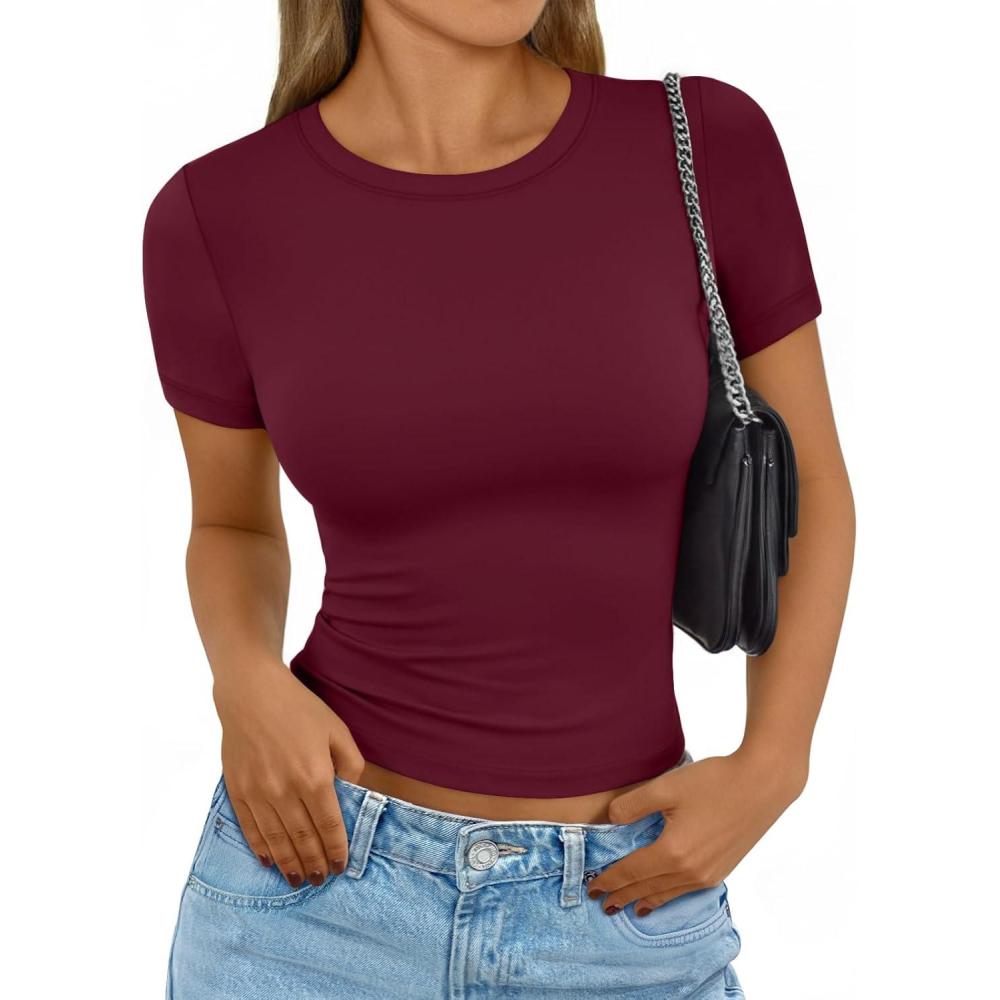 imageAUTOMET Womens Short Sleeve T Shirts Basic Summer 2025 Workout Tops Crew Neck Gym Crop Tops Trendy Y2K ClothesBurgundy