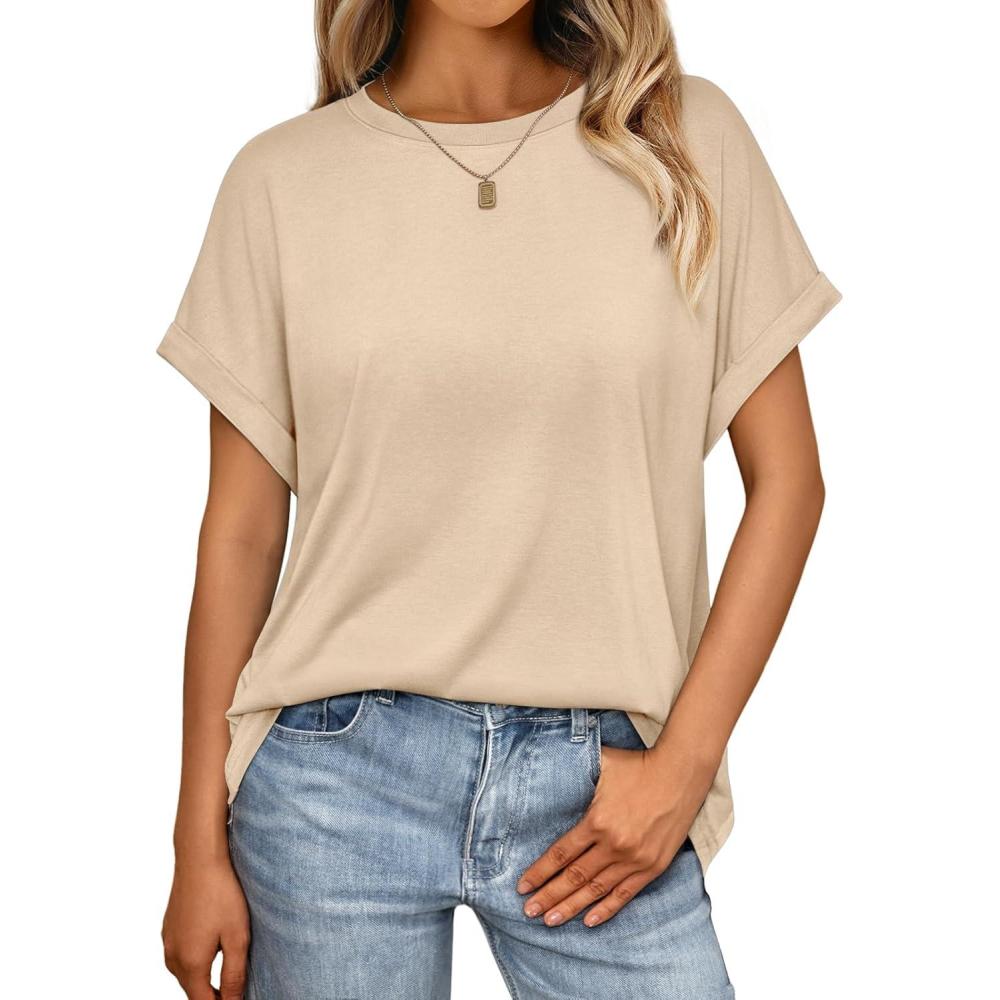 imageAUTOMET Womens Summer Tops Oversized Short Sleeve Business Casual T Shirts Trendy Fashion Clothes Spring Outfits 2025Apricot