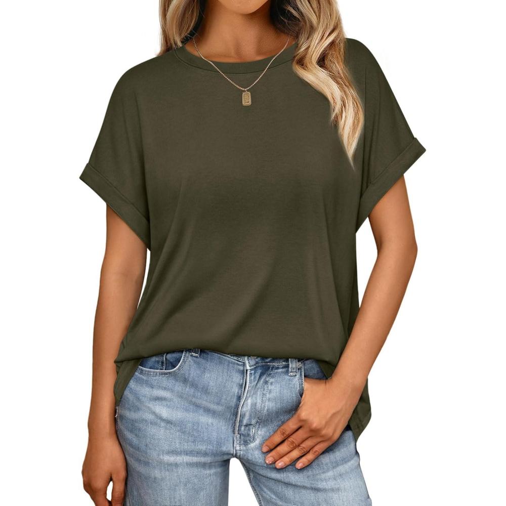 imageAUTOMET Womens Summer Tops Oversized Short Sleeve Business Casual T Shirts Trendy Fashion Clothes Spring Outfits 2025Army Green