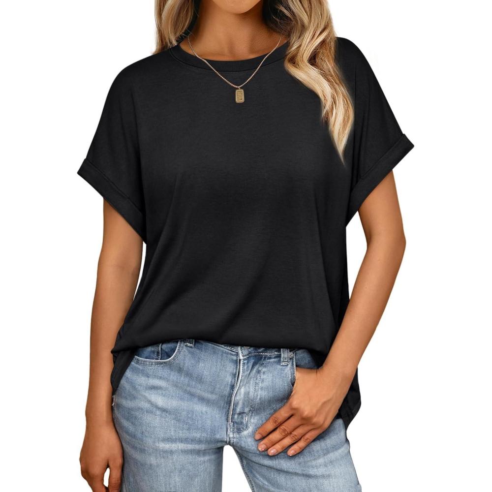 imageAUTOMET Womens Summer Tops Oversized Short Sleeve Business Casual T Shirts Trendy Fashion Clothes Spring Outfits 2025Black