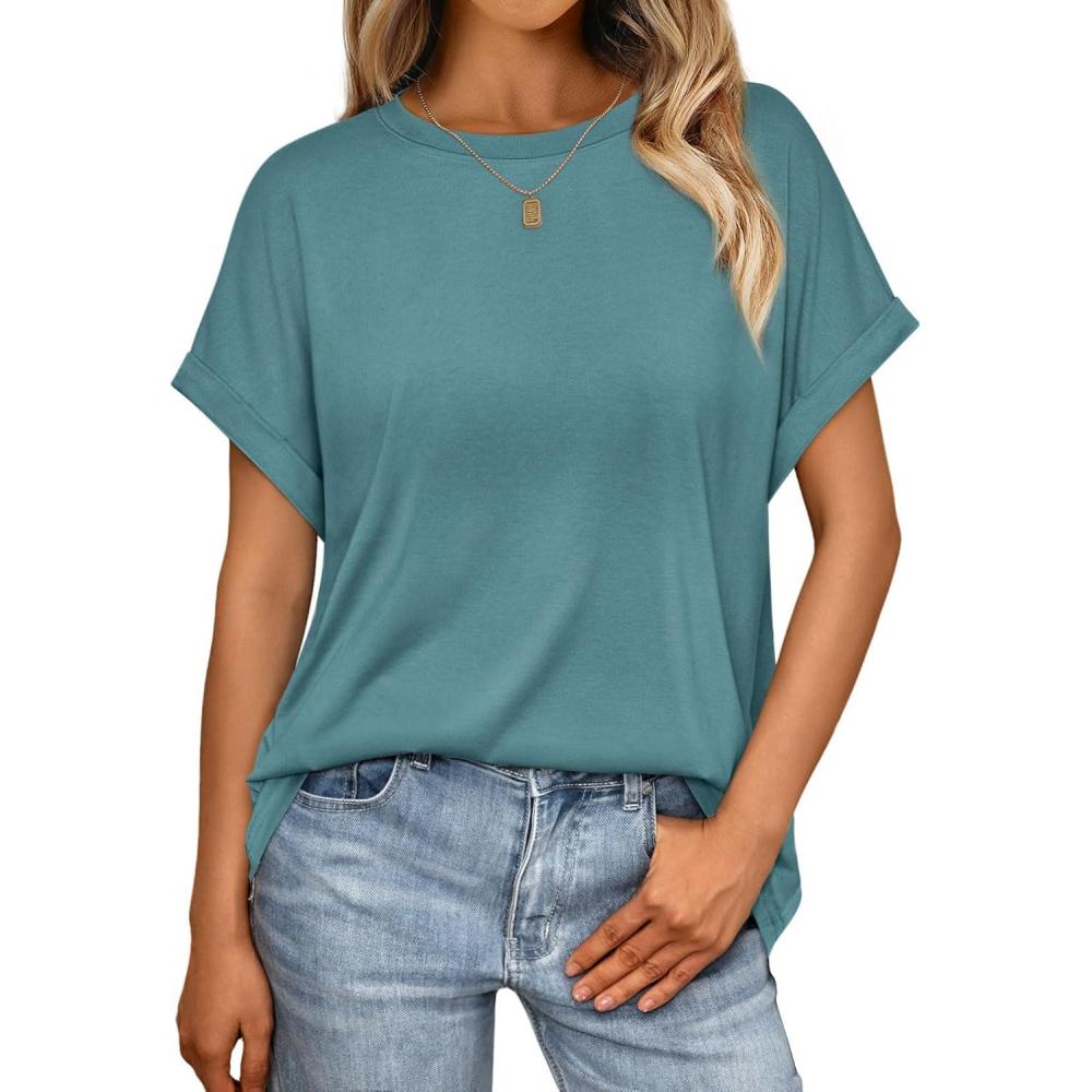 imageAUTOMET Womens Summer Tops Oversized Short Sleeve Business Casual T Shirts Trendy Fashion Clothes Spring Outfits 2025Blue Green