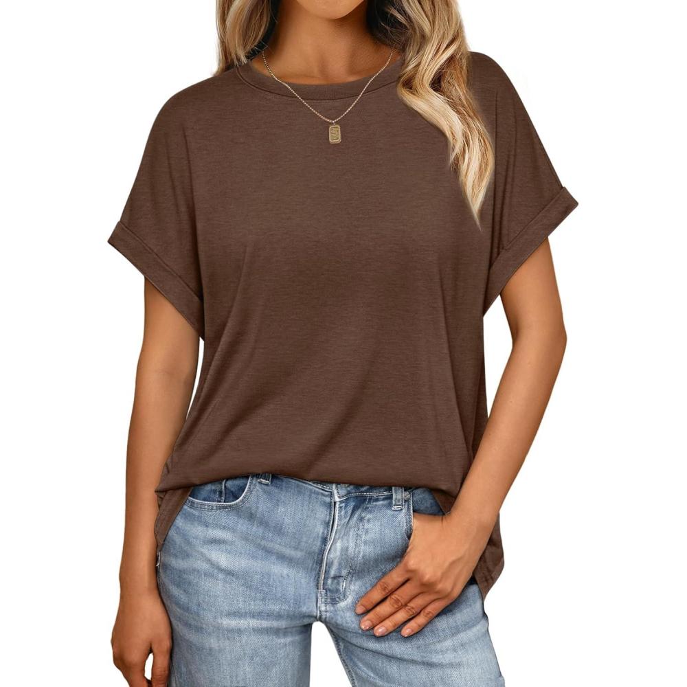 imageAUTOMET Womens Summer Tops Oversized Short Sleeve Business Casual T Shirts Trendy Fashion Clothes Spring Outfits 2025Brown
