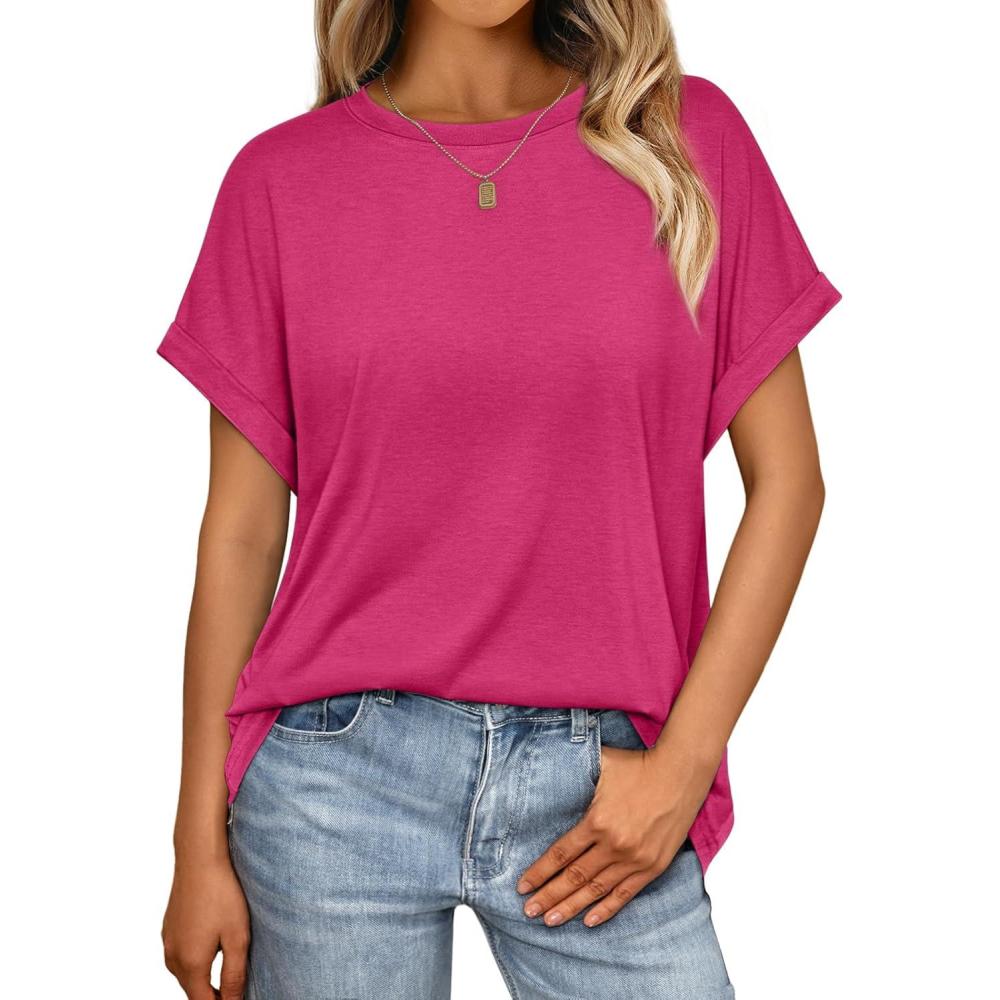 imageAUTOMET Womens Summer Tops Oversized Short Sleeve Business Casual T Shirts Trendy Fashion Clothes Spring Outfits 2025Hot Pink