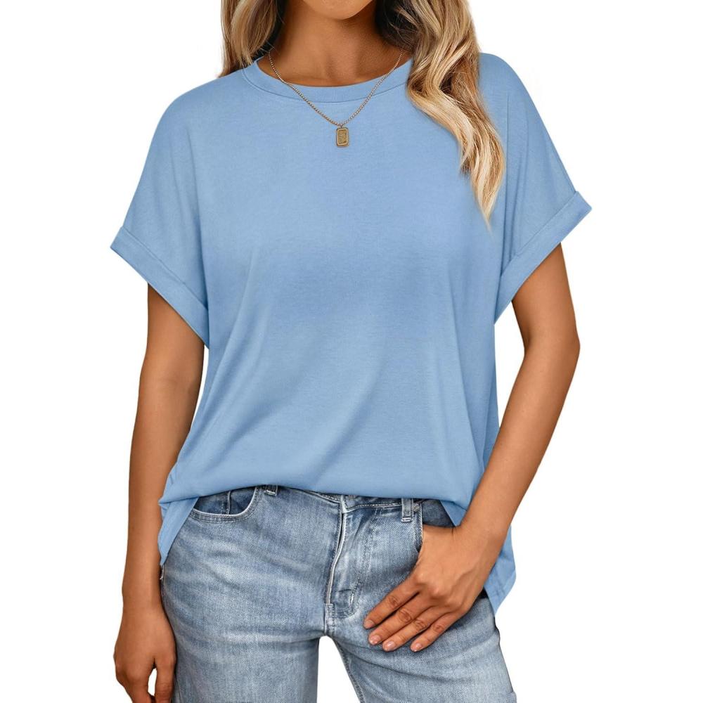 imageAUTOMET Womens Summer Tops Oversized Short Sleeve Business Casual T Shirts Trendy Fashion Clothes Spring Outfits 2025Light Blue