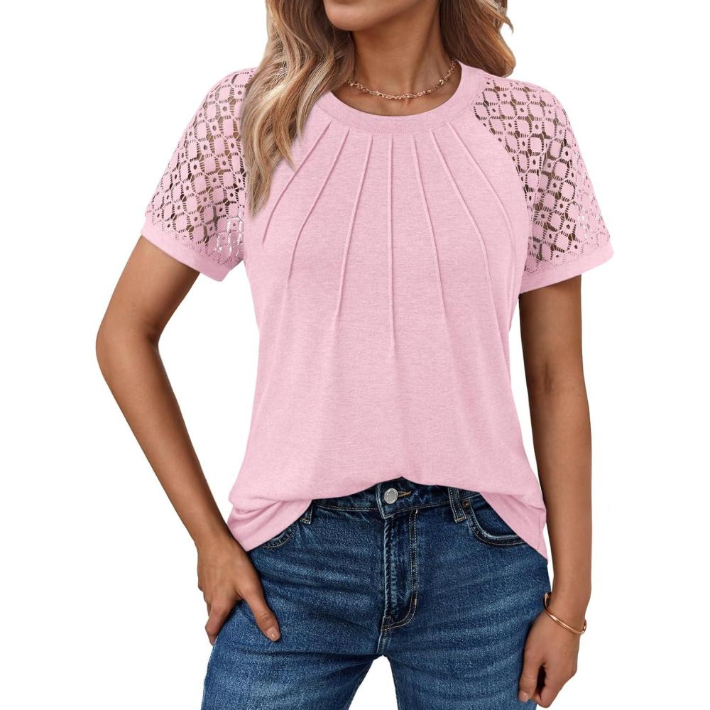 imageAUTOMET Womens Summer Tops Spring Shirts Trendy Vacation Outfits Short Sleeve Business Tshirts Fashion Casual BlousesPink