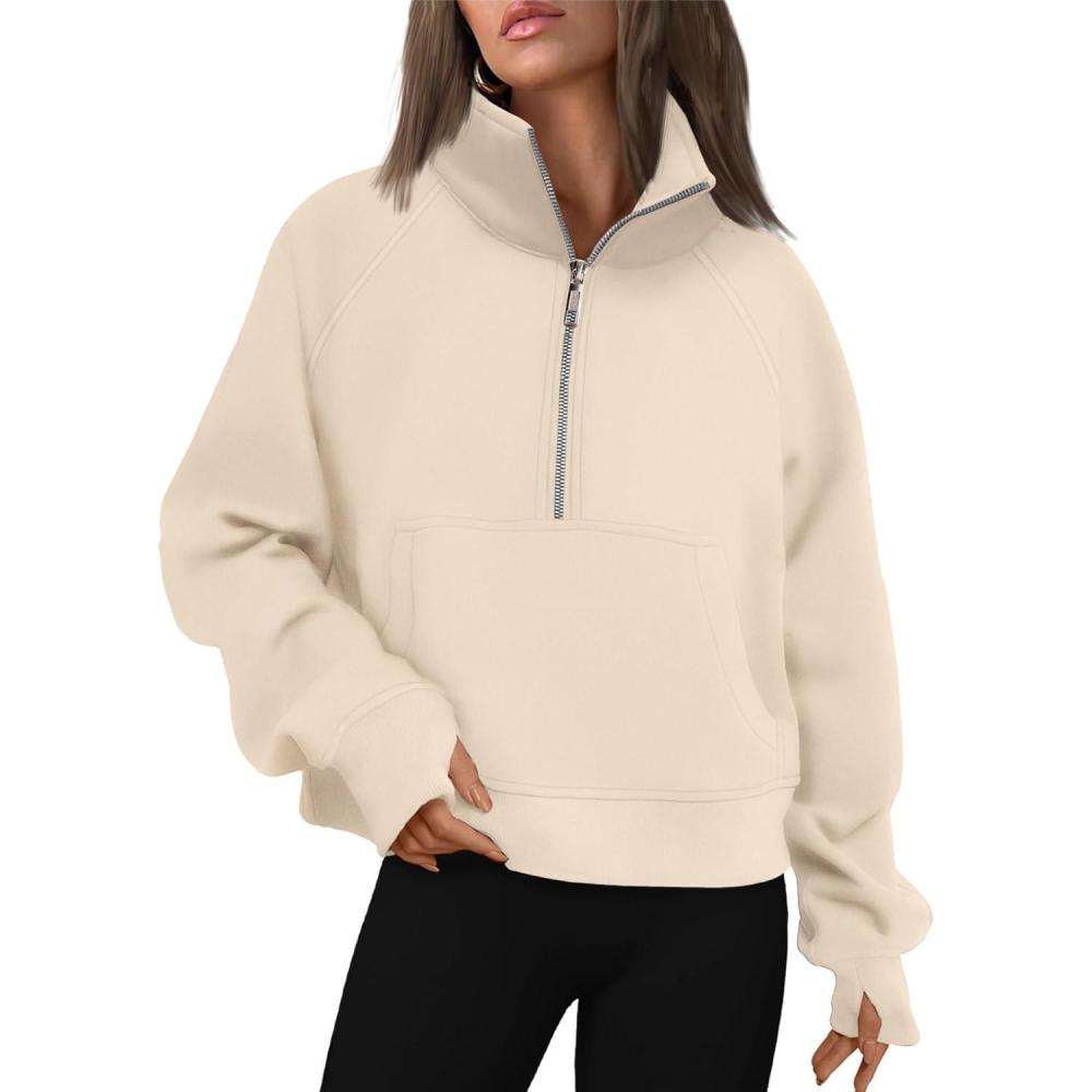 imageAUTOMET Womens Sweatshirts Half Zip Cropped Pullover Fleece Quarter Zipper Hoodies 2025 Fall Fashion Outfits ClothesApricot