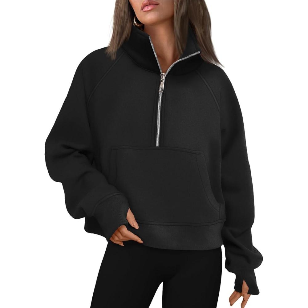 imageAUTOMET Womens Sweatshirts Half Zip Cropped Pullover Fleece Quarter Zipper Hoodies 2025 Fall Fashion Outfits ClothesBlack