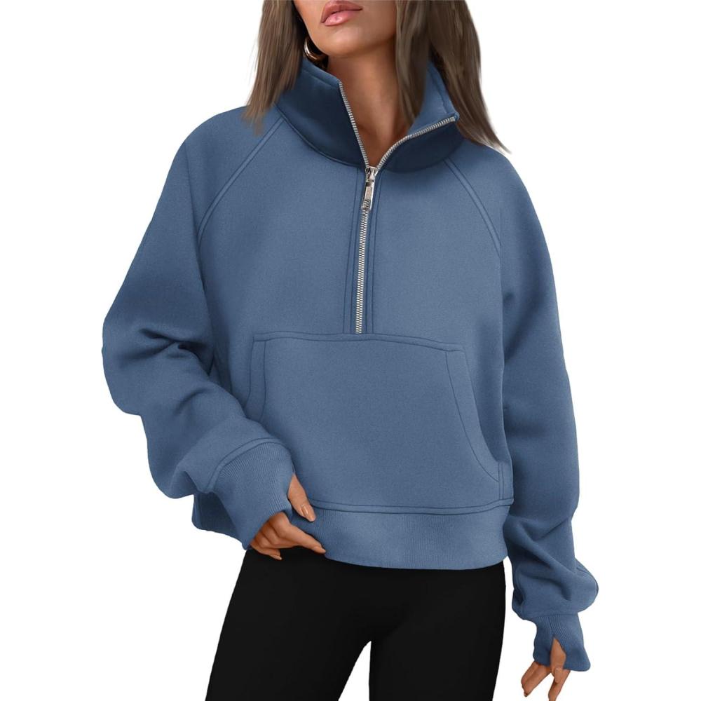 imageAUTOMET Womens Sweatshirts Half Zip Cropped Pullover Fleece Quarter Zipper Hoodies 2025 Fall Fashion Outfits ClothesBlue
