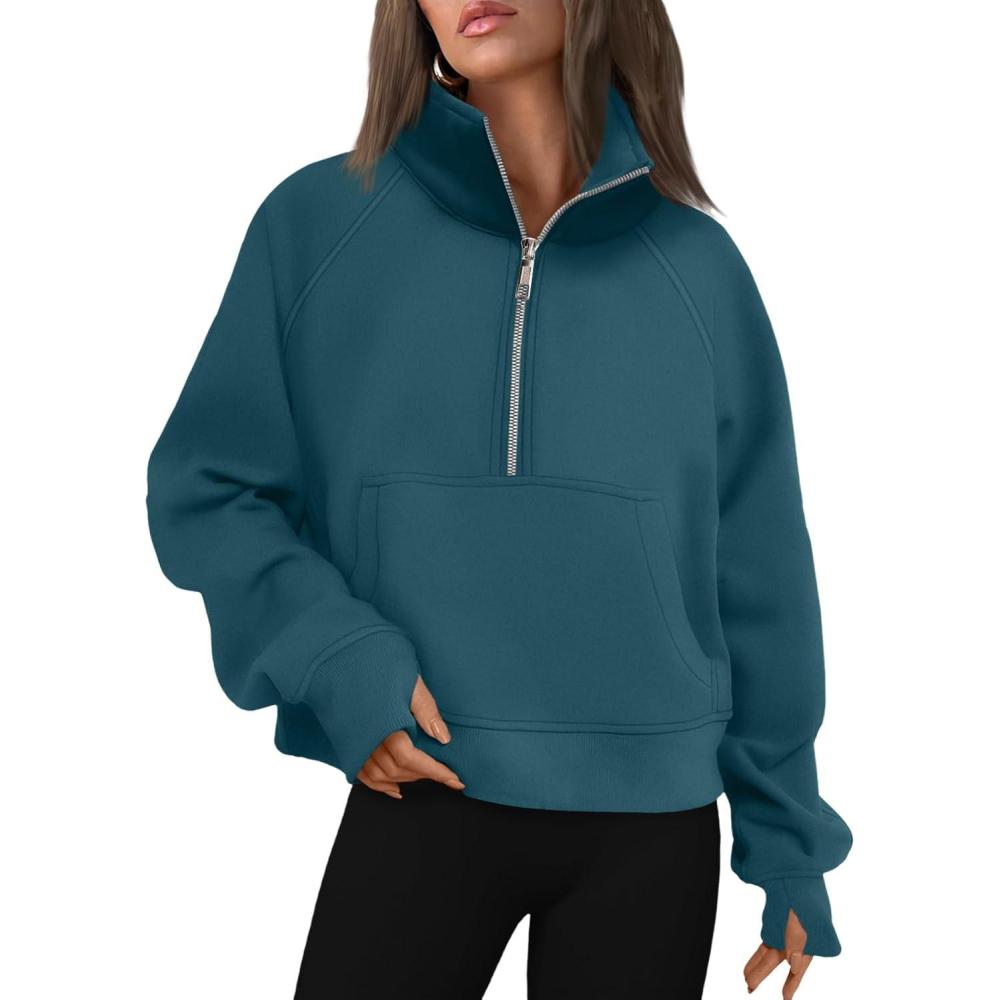 imageAUTOMET Womens Sweatshirts Half Zip Cropped Pullover Fleece Quarter Zipper Hoodies 2025 Fall Fashion Outfits ClothesBluegreen