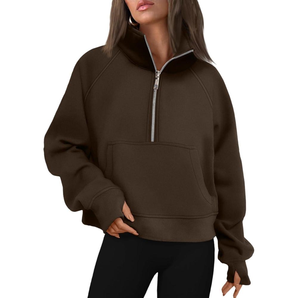 imageAUTOMET Womens Sweatshirts Half Zip Cropped Pullover Fleece Quarter Zipper Hoodies 2025 Fall Fashion Outfits ClothesCoffee